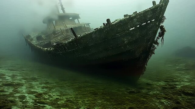 Abandoned Shipwreck Underwater with Mist and Marine Growth

