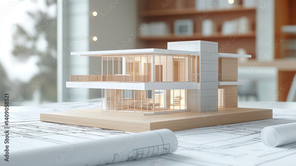 Poster Building house on blueprint with a focus on architecture and vignetting concept. Modern architectural model showcasing innovative design concepts.