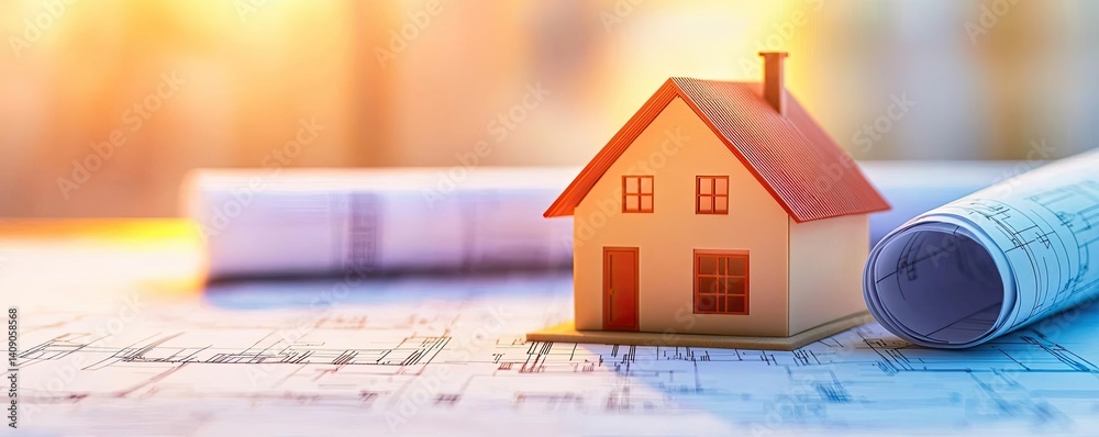 Poster Building house on blueprint with vignetting and construction concept. Miniature house model on blueprints with natural sunlight.