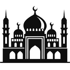 Islamic Mosque Silhouette Vector – Traditional Black Mosque Icon with Crescent Domes for Eid, Ramadan & Religious Designs