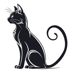 Elegant Black Cat Sitting Silhouette with Curled Tail, Whiskers, Isolated on White