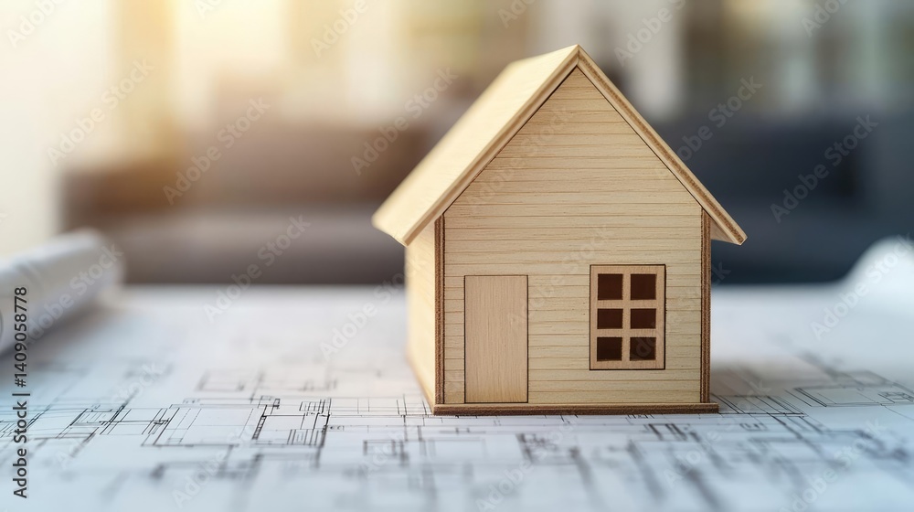 Poster Building house on blueprint with a focus on architecture and vignetting concept. A miniature wooden house on architectural blueprints indoors.