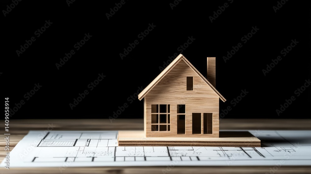 Poster Building house on blueprint with vignetting and construction concept. A wooden house model on top of architectural blueprints.