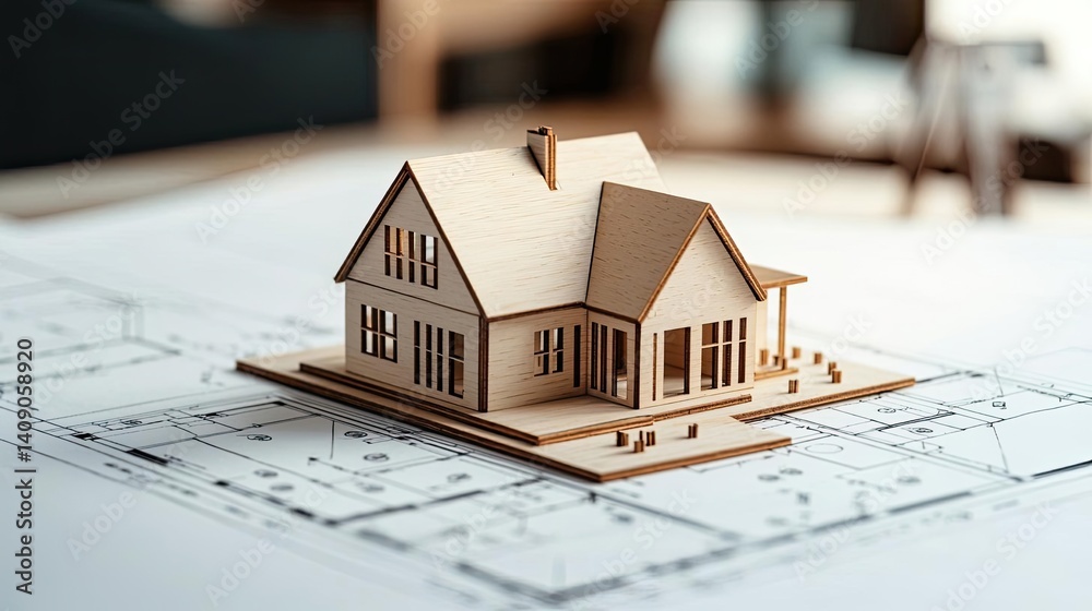 Aufkleber Building house on blueprint with vignetting and construction concept. A detailed model house on architectural blueprints for creativity.