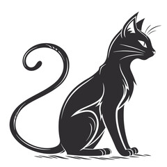 Elegant Black Cat Sitting Silhouette, Feline Isolated, Curled Tail, Side View, Whiskers