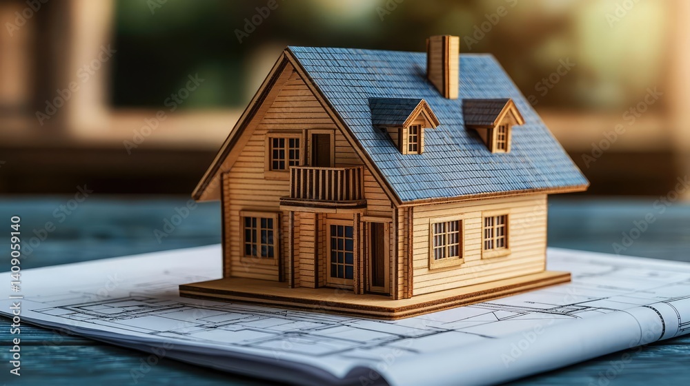 Poster building house on blueprint under plan and architecture concept. a detailed wooden model house showc