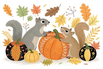 Whimsical Autumn Squirrels with Pumpkins and Colorful Leaves Illustration © JANNAT_STORE