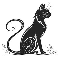 Elegant Feline Silhouette with Swirl Details, Black Cat Sitting, Ornamental Design