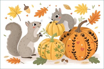 Whimsical Autumn Squirrels with Pumpkins and Colorful Leaves Illustration