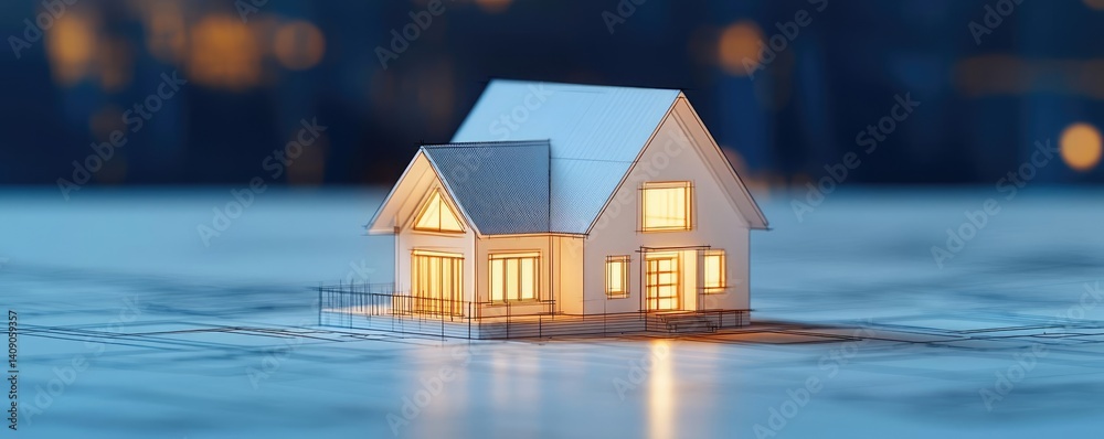 Poster building house on blueprint under plan and architecture concept. a miniature house model illuminatin