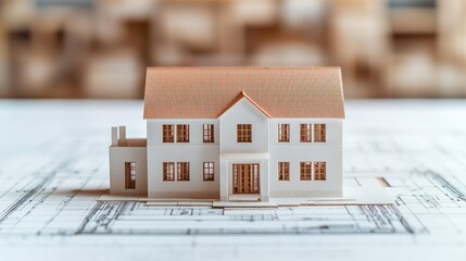 Building house on blueprint with vignetting and construction concept. A miniature house model on an architectural blueprint table.