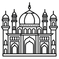 Elegant Mosque Emblem Vector – Islamic Badge Design with Crescent Moon, Domes, and Minarets for Eid and Ramadan