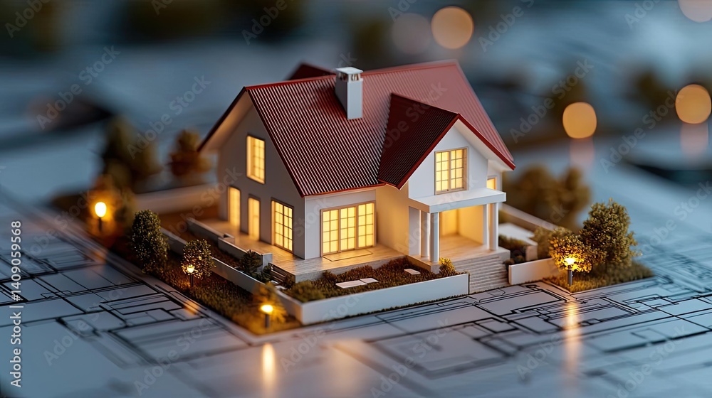 Poster Building house on blueprint under plan and architecture concept. A detailed model of a modern house illuminated at night.