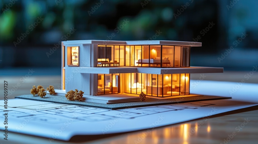 Poster Building house on blueprint with vignetting and construction concept. A beautifully crafted model of a modern house with glowing lights.