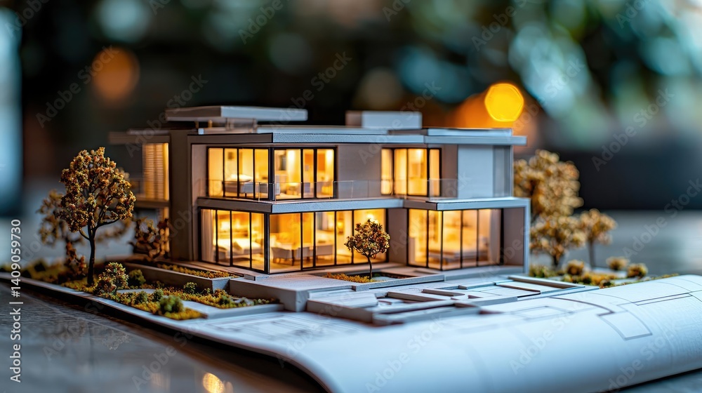 Poster Building house on blueprint with vignetting and construction concept. A detailed architectural model of a modern house with lighting.