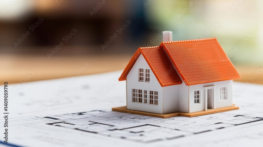 Poster Building house on blueprint with a focus on architecture and vignetting concept. A miniature house model on architectural blueprints.