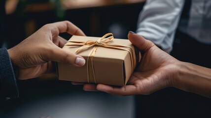 Group of businessman celebrate anniversary or holiday of company in restaurant. Senior manager give gift to employee for success in party. Business activity to increase friendship and teamwork. AIG53.