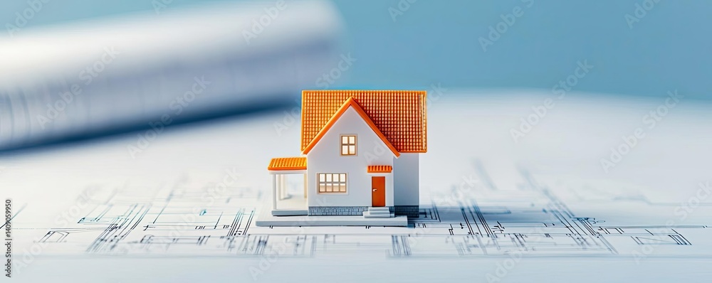 Poster Building house on blueprint with vignetting and construction concept. Miniature house model on architectural blueprint paper.