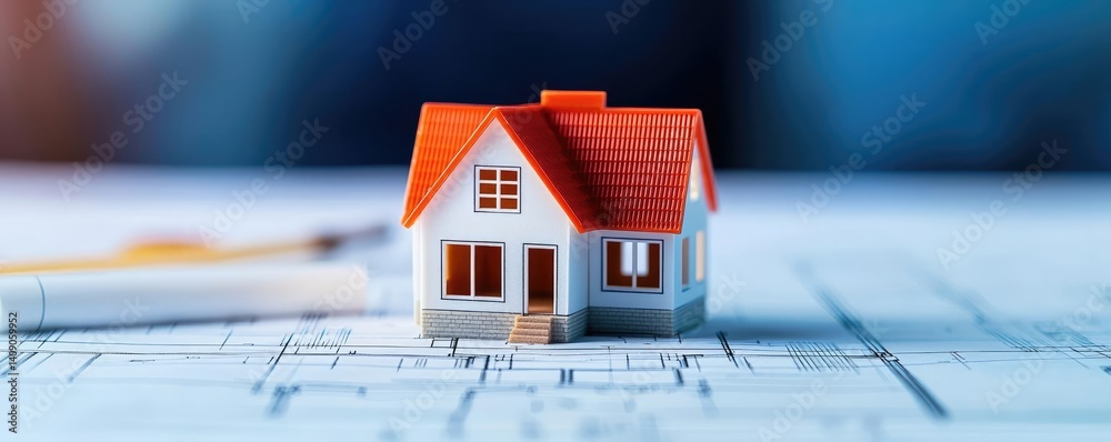 Poster Building house on blueprint with vignetting and construction concept. Miniature house model on blueprint for architectural planning.