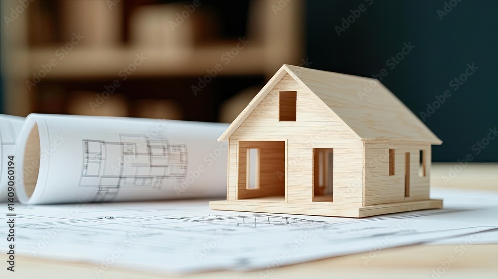 Poster Building house on blueprint with a focus on architecture and vignetting concept. A wooden house model on blueprints represents architectural design.