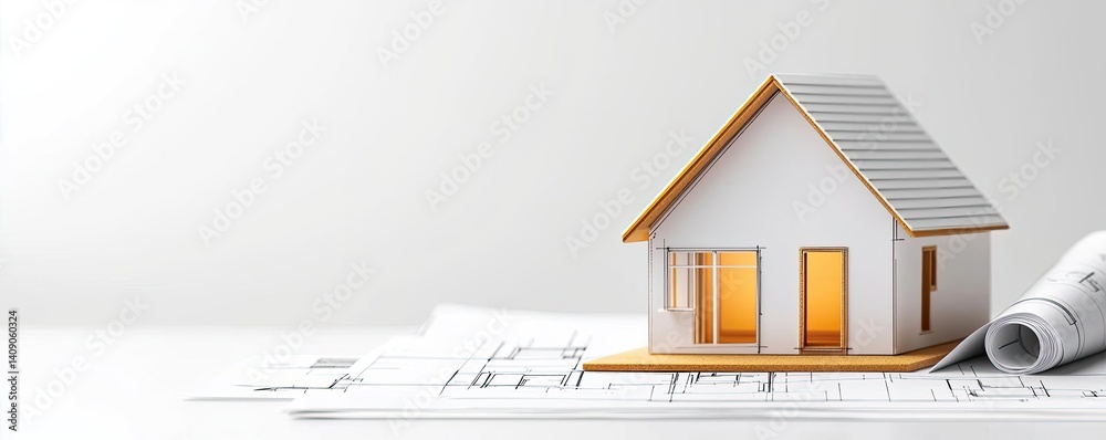 Poster Building house on blueprint with vignetting and construction concept. A miniature house model on architectural blueprints.