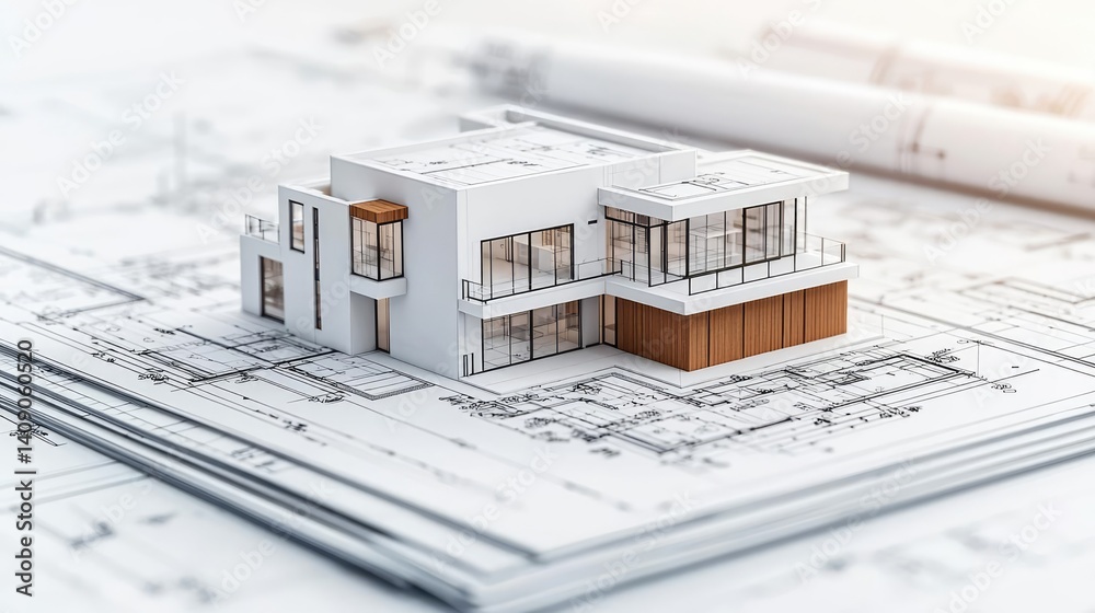 Poster Building house on blueprint with a focus on architecture and vignetting concept. A modern house design model on top of architectural blueprints.