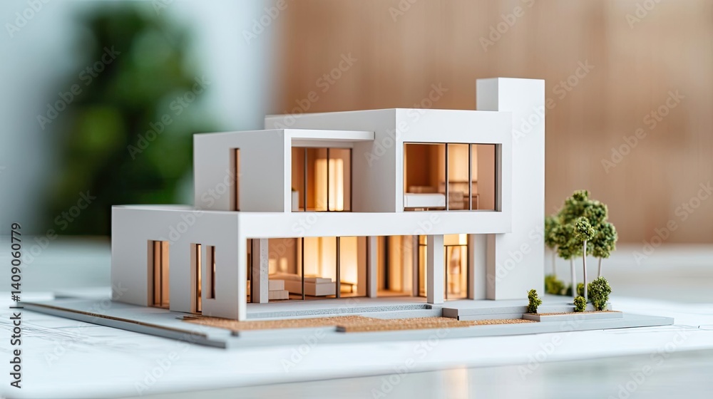 Aufkleber Building house on blueprint with vignetting and construction concept. Modern architectural model showcasing minimalistic design features.