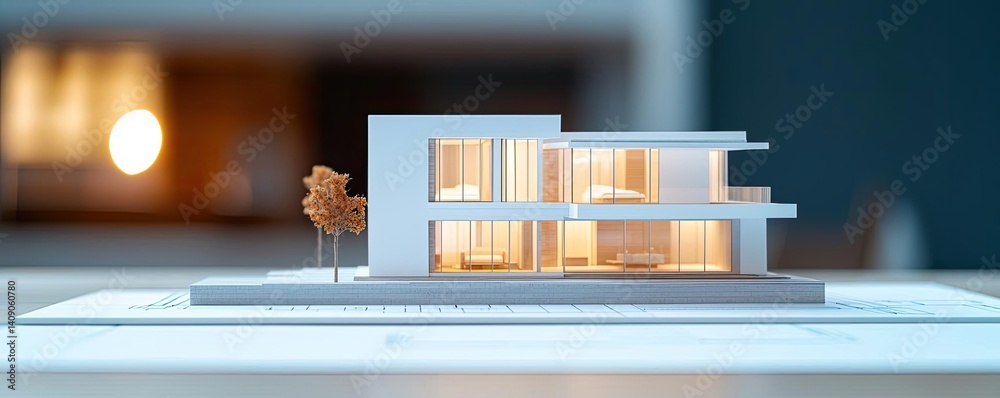 Aufkleber Building house on blueprint with a focus on architecture and vignetting concept. A modern architectural model showcasing sleek design elements.