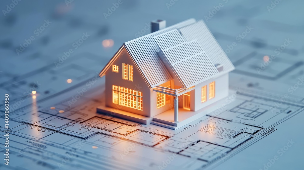 Poster Building house on blueprint under plan and architecture concept. A miniature house model illuminated on a blueprint background.