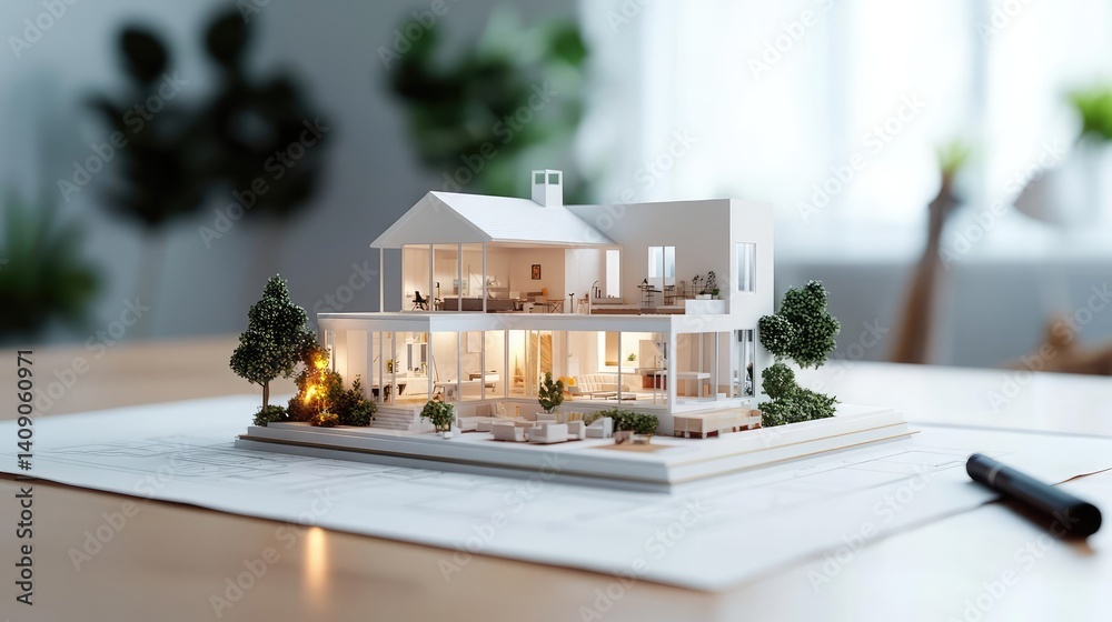 Poster Building house on blueprint under plan and architecture concept. Detailed miniature model of a modern house design with lighting.
