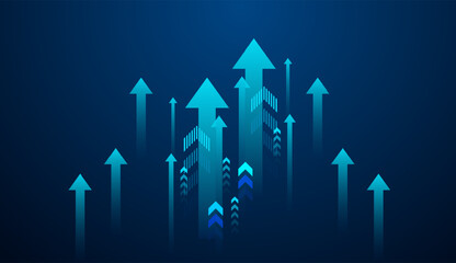 growing up arrows on gradient blue background. and Group of upward arrows against a dark blue background represents growth, progress, and bullish market