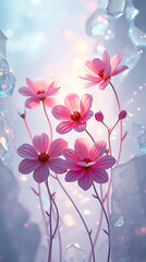 hyper realistic visual of beautiful flowers in icy background, created by generative ai