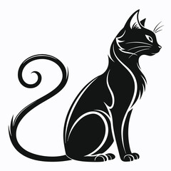 Elegant Sitting Black Cat Illustration, Curled Tail, Silhouette, Feline Friend, Pet Design