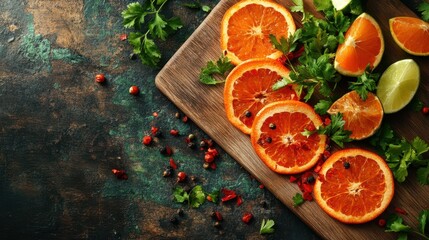 Fresh oranges and limes are arranged on a cutting board next to a knife.