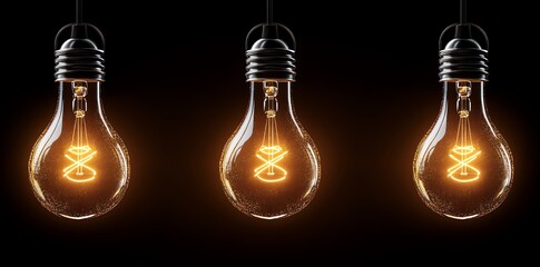 Three illuminated light bulbs hang against a black background creating a warm and inviting glow. Perfect for concepts of ideas, innovation, and inspiration.