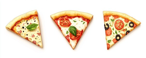 Three pizza slices adorned with different toppings are depicted in an illustration