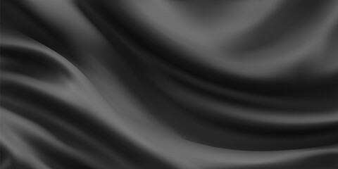 Black silk background. Realistic beautiful fabric texture, abstract cloth folds. Smooth liquid wave effect. Vector illustration, dark luxury satin curtain backdrop