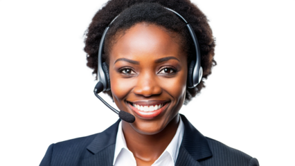A smiling business woman with a headset represents friendly customer service during a call at the service center