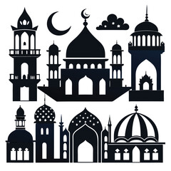 Detailed Mosque Silhouette Vector Set – Islamic Architecture Illustrations of Grand Masjids with Minarets