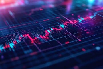 Close up of a digital stock chart with blue and red lines and shapes on a dark blue background grid