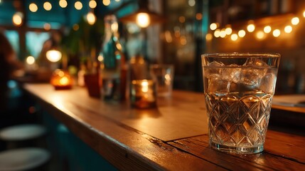 Relaxing whiskey drink on wooden bar counter in cozy evening atmosphere