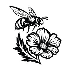 Honeybee Hovering Above Open Flower Blossom in Black and White Silhouette Style Design