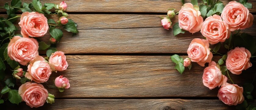 Pink roses with green leaves adorn a rustic wooden table, creating a charming floral display.