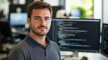 Professional male software developer working in modern office environment with computer code on screens in the background