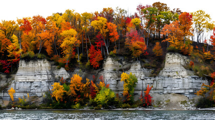 Scenic Fall Landscape of Bluffs and Trees Above Lake in Michigan
