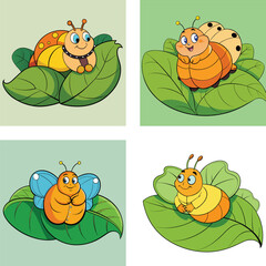 Obraz premium Cartoon Bugs On Green Leaves Cute Insect Character Illustrations Set