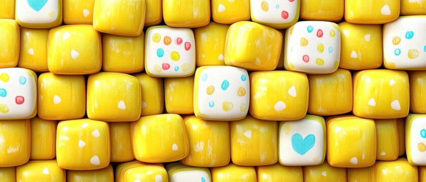 Yellow and white dice featuring hearts and dots patterns.