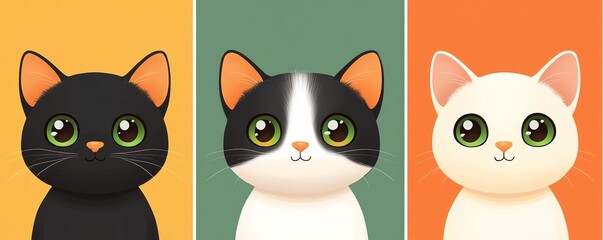 Fototapeta premium Pixel art is used to create three unique cat portraits, including one of an orange tabby, one of a black cat, and another of an orange tabby, each with a contrasting background