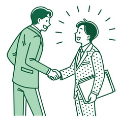 Line Art Asian Businessmen Shaking Hands in Polka Dot Suit with Glowing Rays Effect