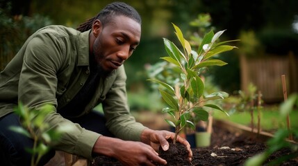 Peaceful Black man planting seedling in garden